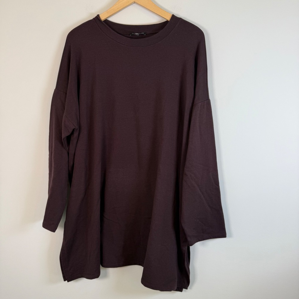 Eileen Fisher Organic Cotton Fleece Tee Tunic Top Plus Size 1X Plum Long Sleeve